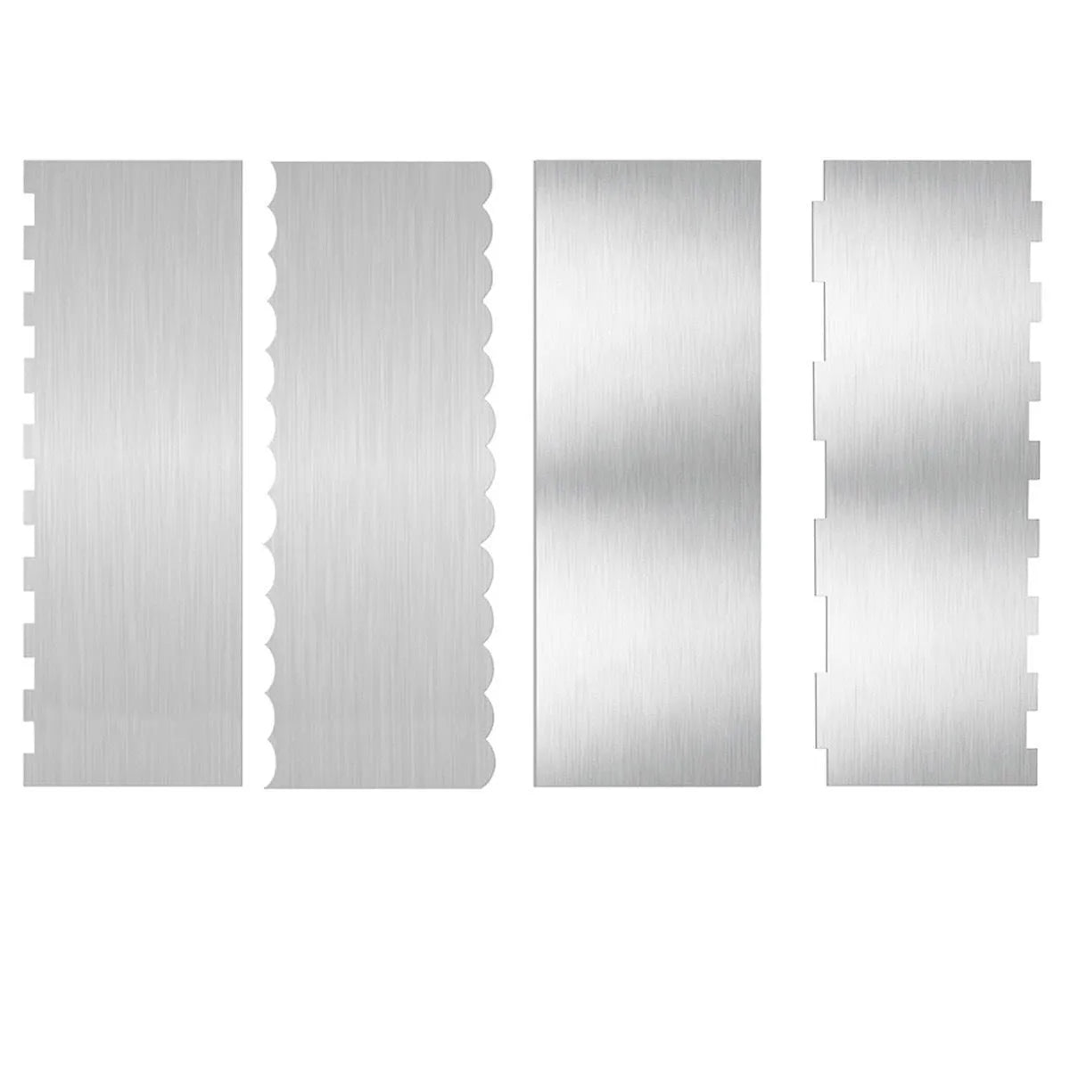 Stainless steel cake decorating scraper with a polygon-patterned edge for smoothing buttercream