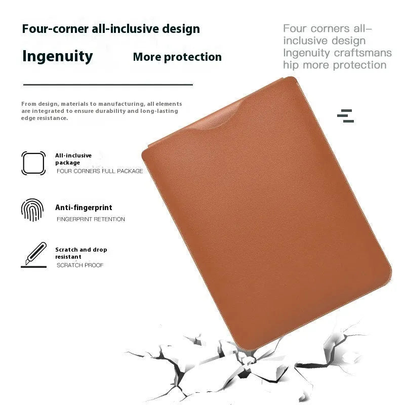 Four-piece imitation leather MacBook edge protector set shown in brown, grey, apricot, and light pink.