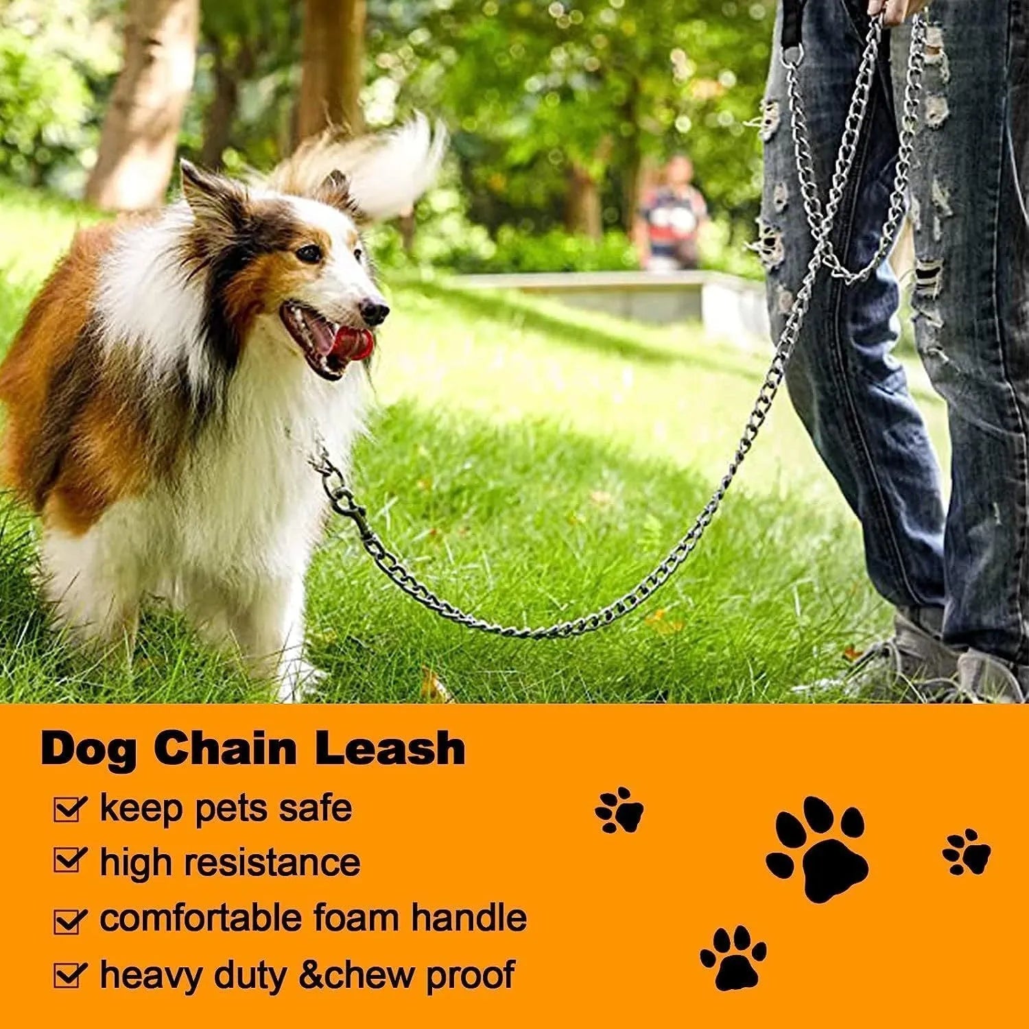 Heavy duty metal dog leash with padded handle in black, blue, or red colours