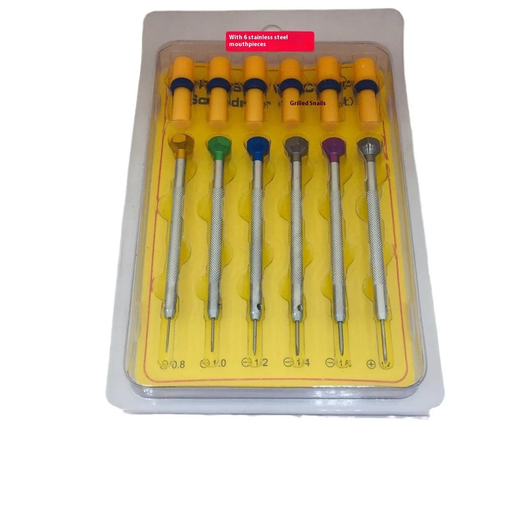 Six colour-coded screwdrivers for watch repair in aluminium case with spring steel cutter heads