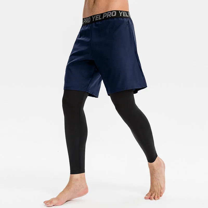 Man wearing grey high elastic tight sports pants for running or fitness training.