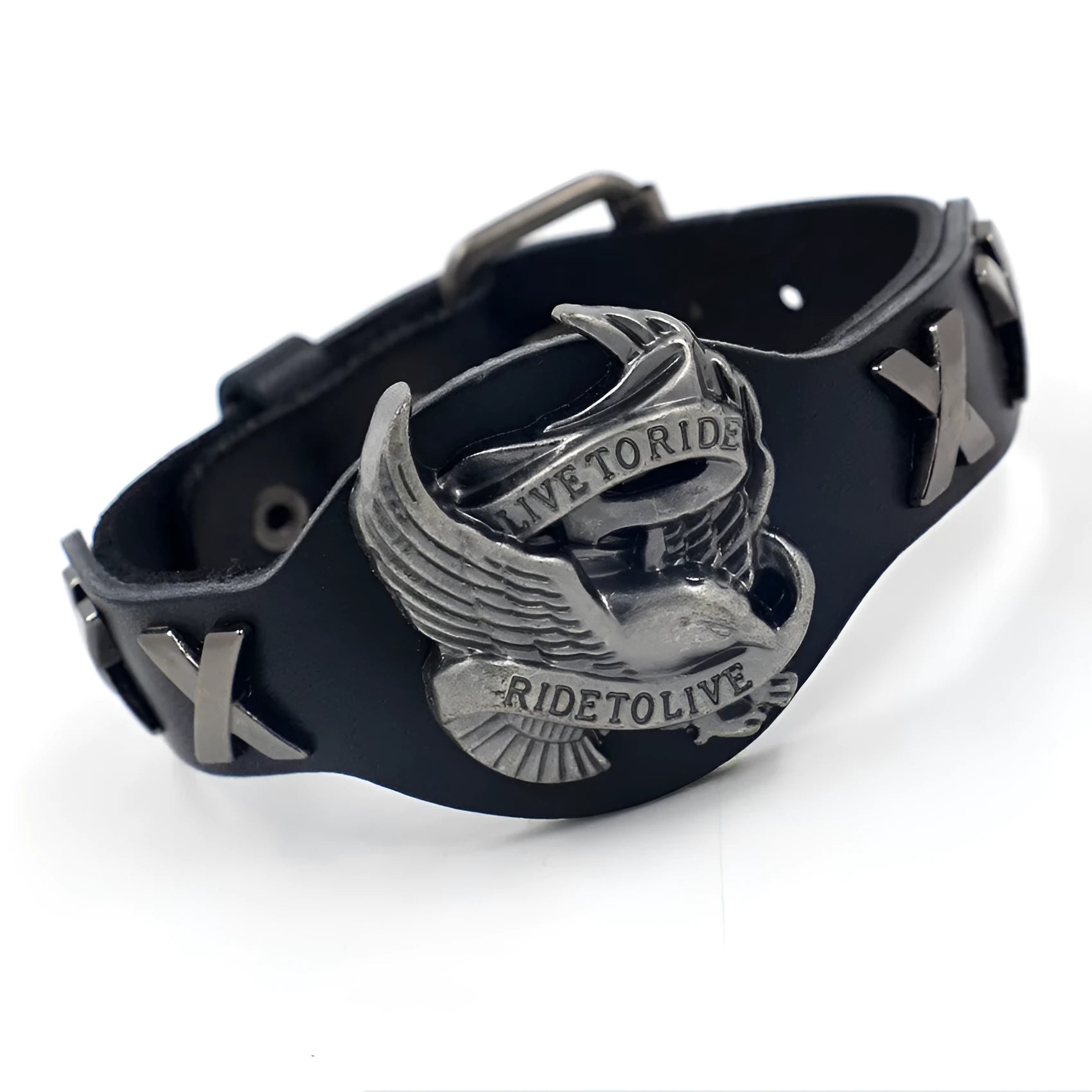 Black geometric leather bracelet with alloy eagle watch-buttom fastening showing tapered width design