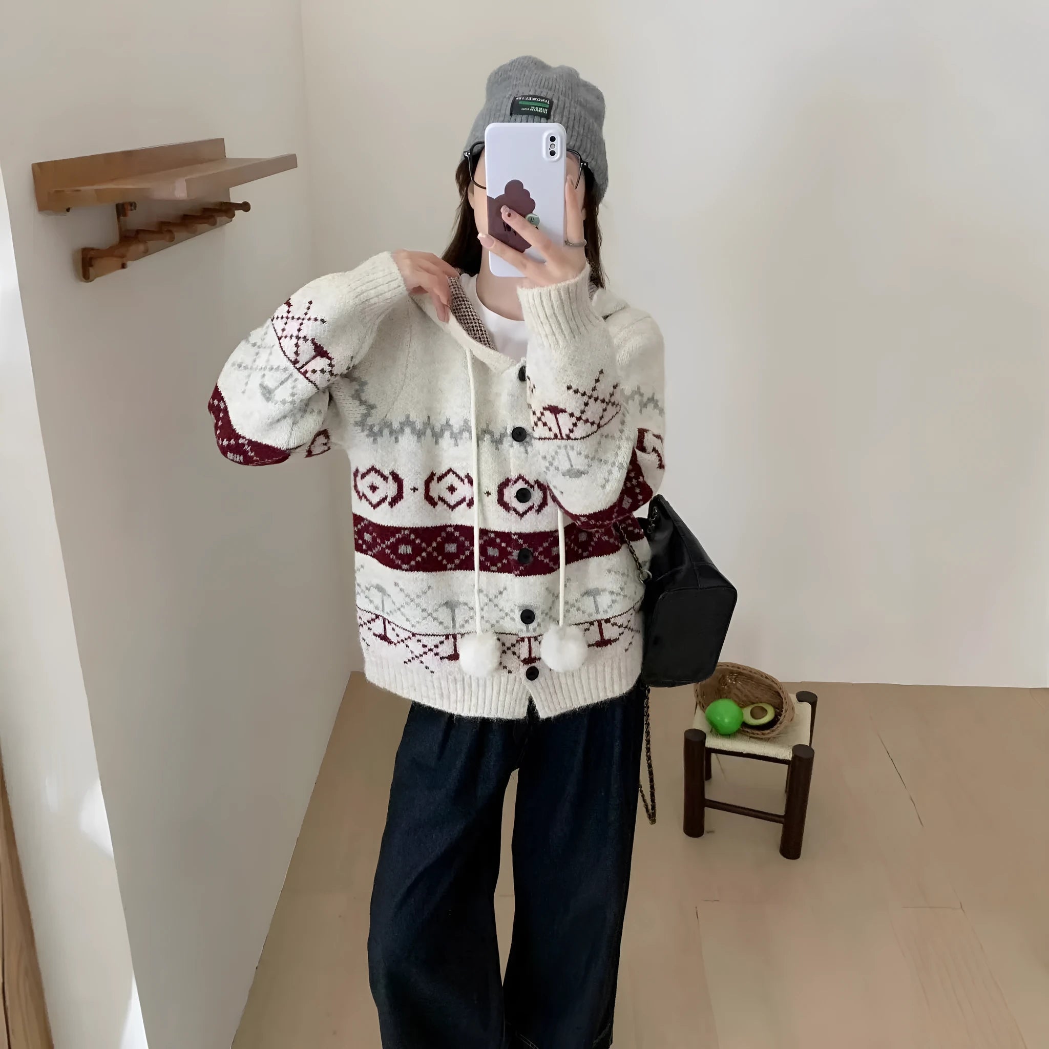 Plus size women's loose fit coat sweater with geometric brocade pattern in beige or grey