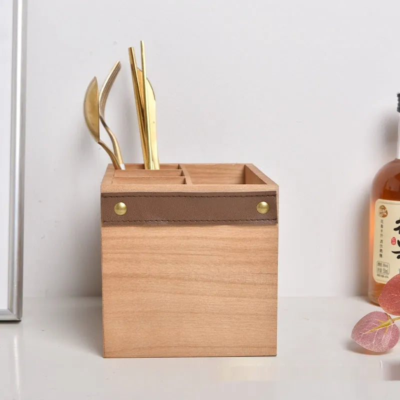 Wooden kitchen storage box for cutlery and chopsticks with internal divider grid