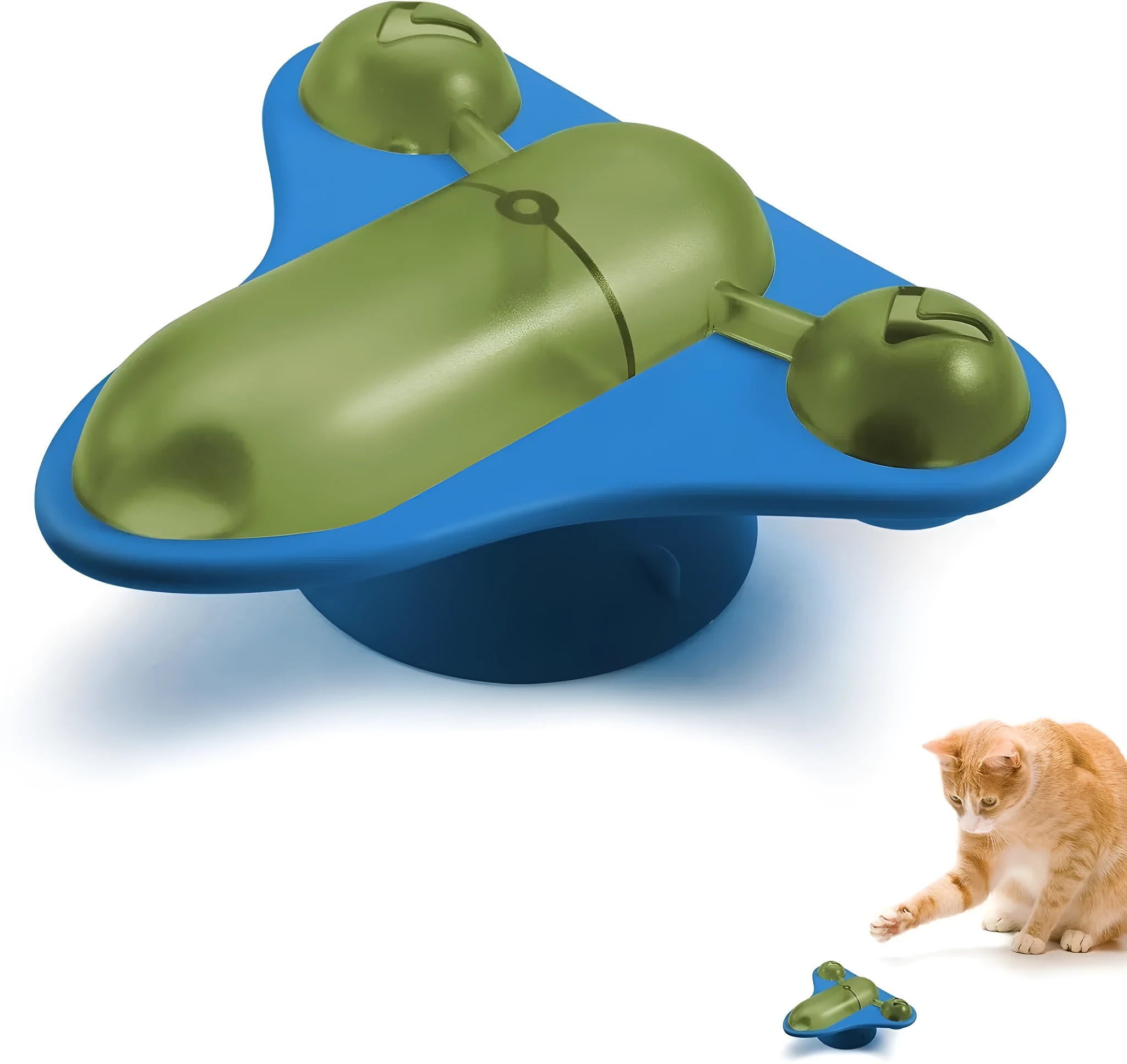 Blue interactive pet puzzle toy with bell, catnip pouch, and clear snack cabin on a suction cup base.