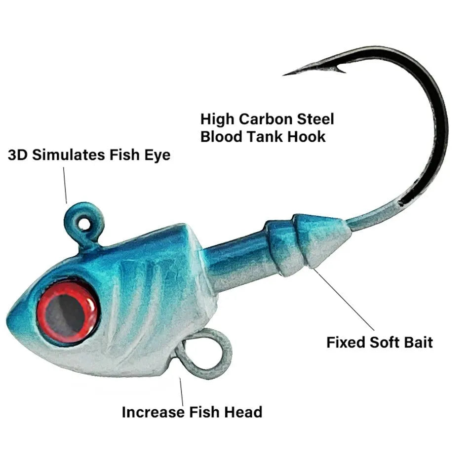 Simulated Yayu shaped lead head fishing hooks in blue, silver, and yellow, showing various weights from 3.5g to 28g.