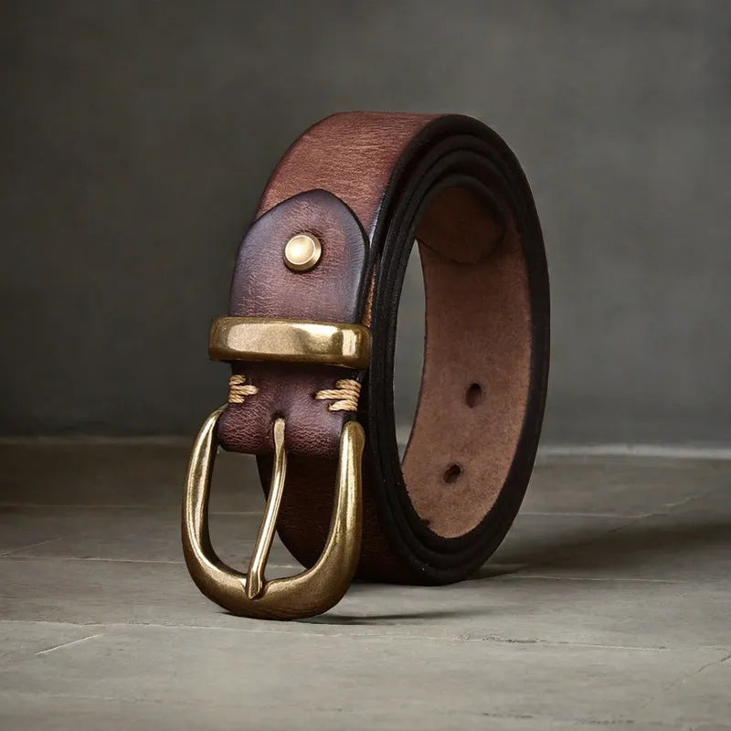 Men's cattlehide leather casual belt with copper pin buckle in black, brown or khaki colour