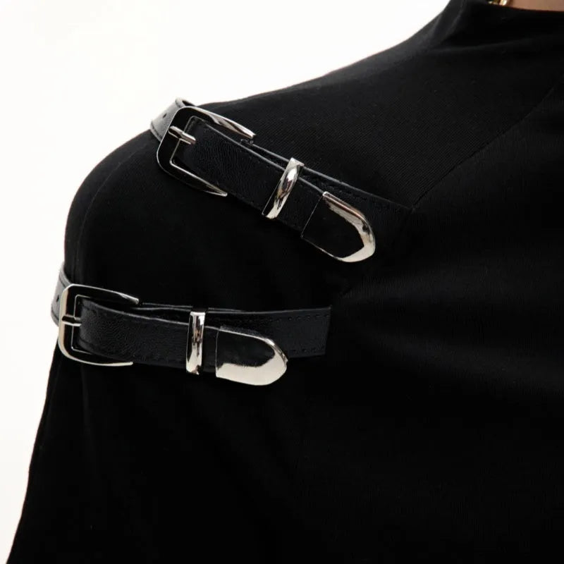 Men's black cotton T-shirt with metal belt design and stand-up collar slim fit styling