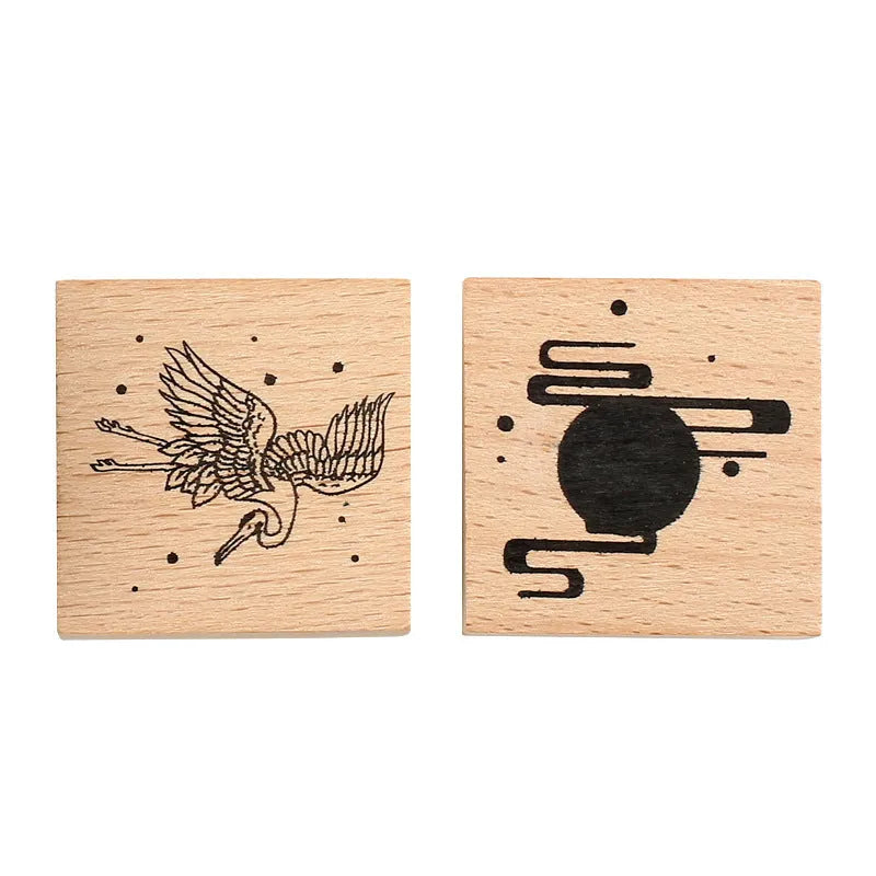 Mr. Paper wooden seal set with traditional crane designs in four colour variations for DIY printing projects