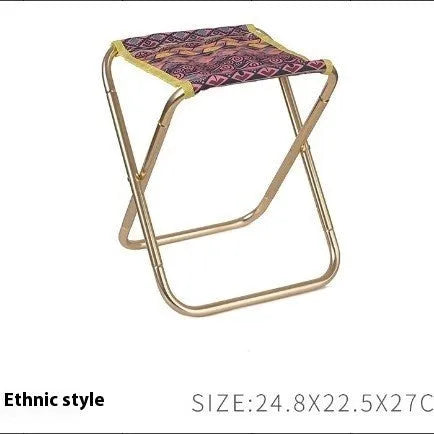 Black aluminium alloy folding stool in a folded and unfolded state, showing ethnic style details.