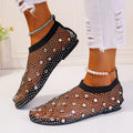 Women's mesh flat sandals with colourful rhinestone decoration and round toe