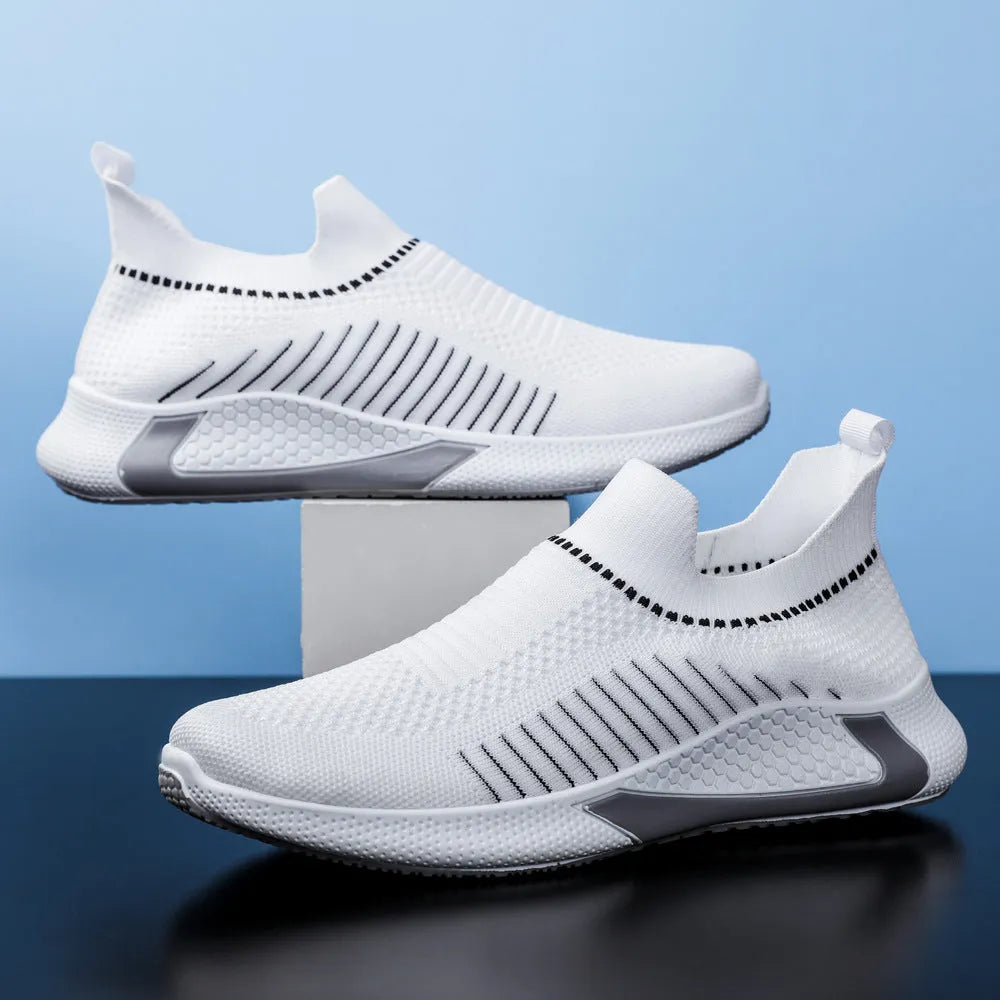 Men's striped mesh slip-on sneakers with flyknit upper and lace closure