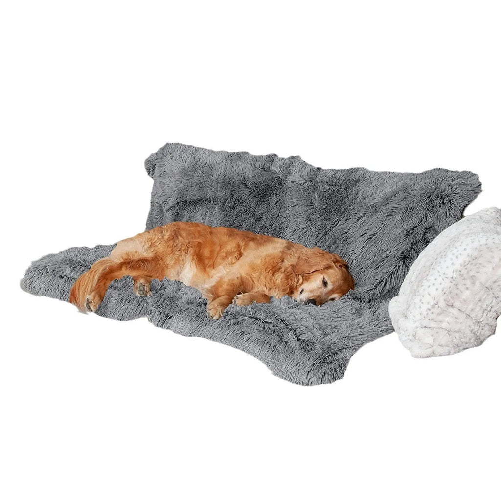 Plush waterproof dog cushion in dark grey, shown in a large size for pet bedding.
