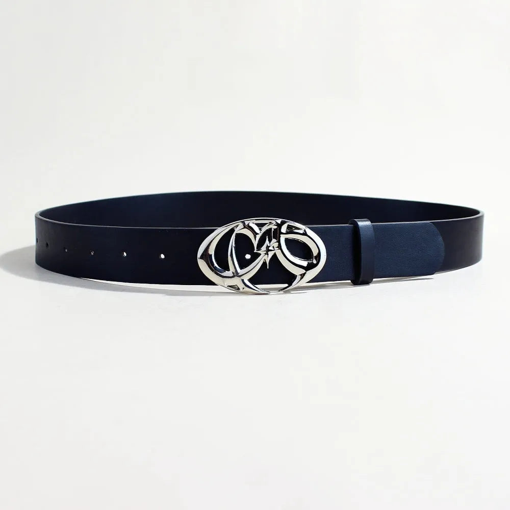 Silver buckle on a casual PU leather belt with snap button closure.