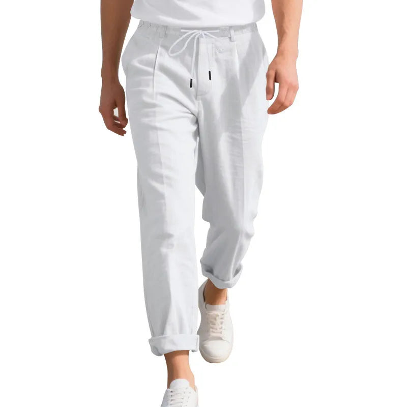Men's linen straight-leg trousers in army green colour with drawstring waist