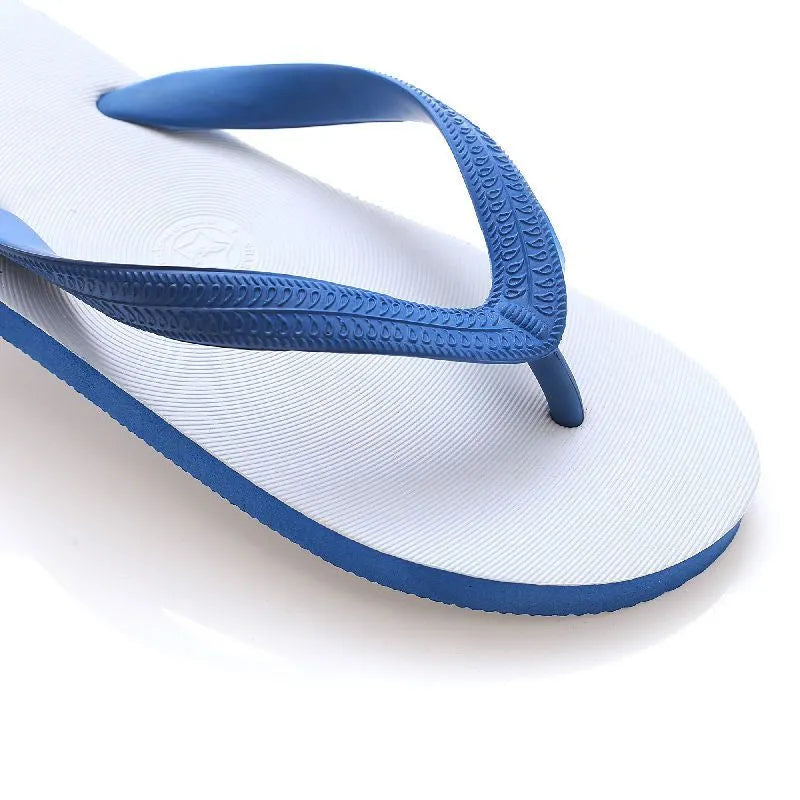 Men's casual rubber flip-flops with fish label detail on strap, showing non-slip sole.