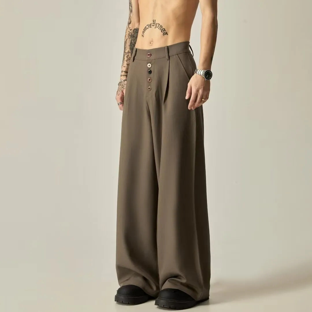 Men's black vertical tube wide-leg casual trousers with cardigan button leg opening