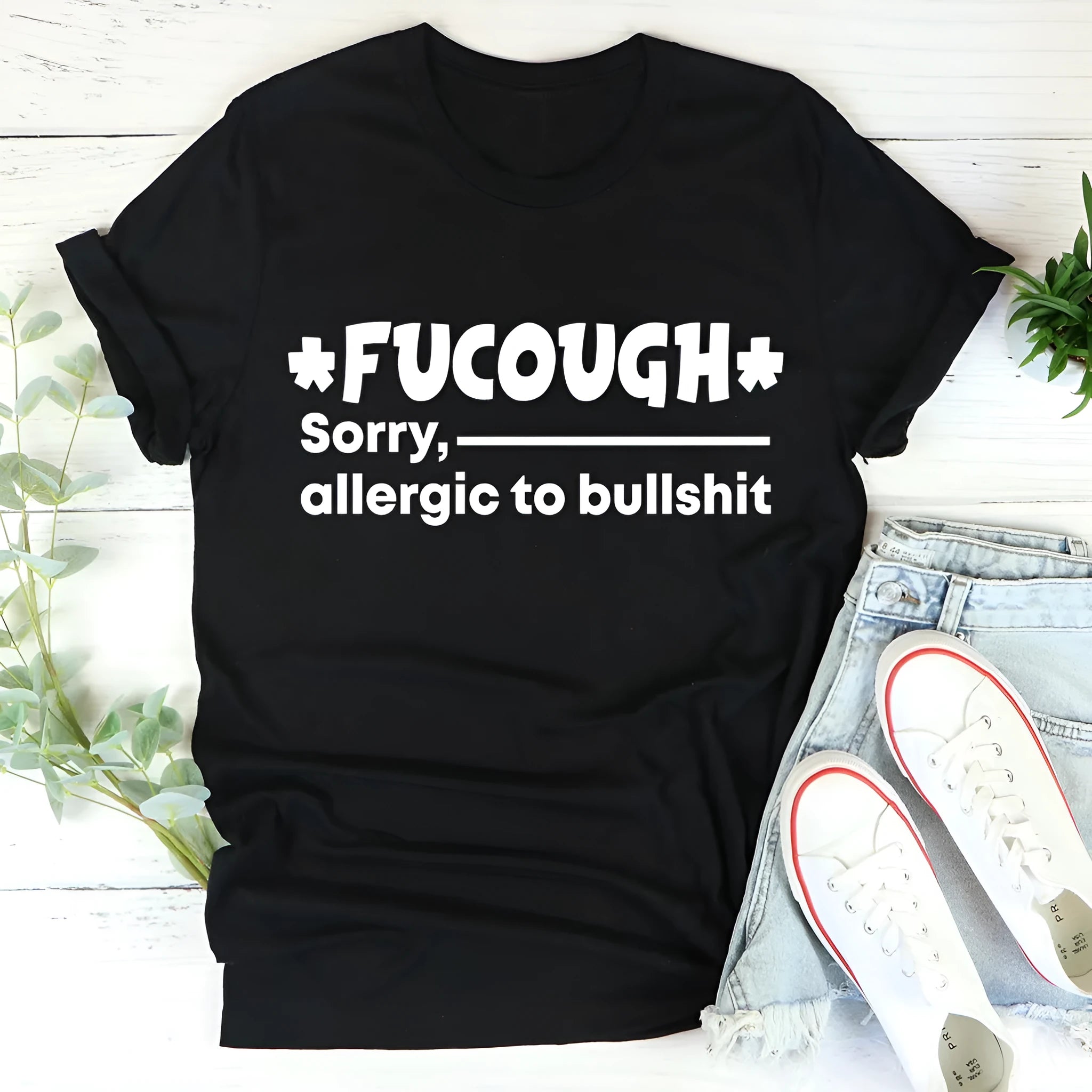 Black loose fit cotton summer T-shirt with short sleeves and round neck