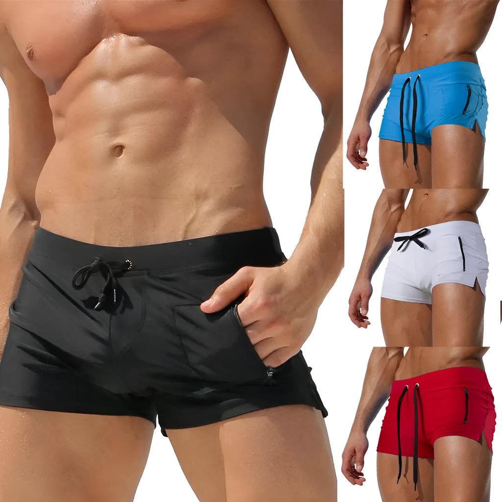 Men's black high waist swimming trunks with front lace-up closure on white background