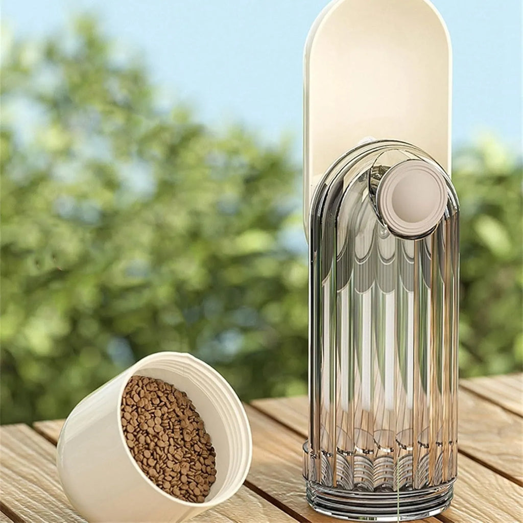 Beige and green foldable dog water bottle with food dispenser shown collapsed and open.