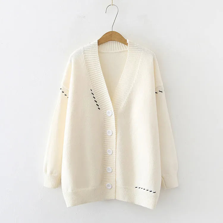 Women's black knitted cardigan top coat with long sleeves and loose fit