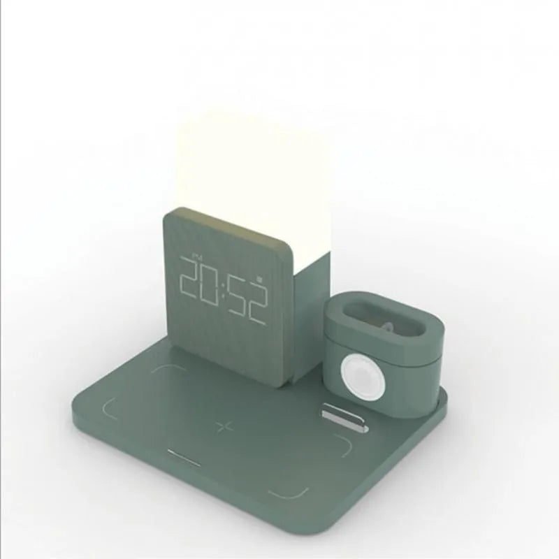 Qi wireless charger stand in dark green, light green, and black colours showing 3-in-1 charging design