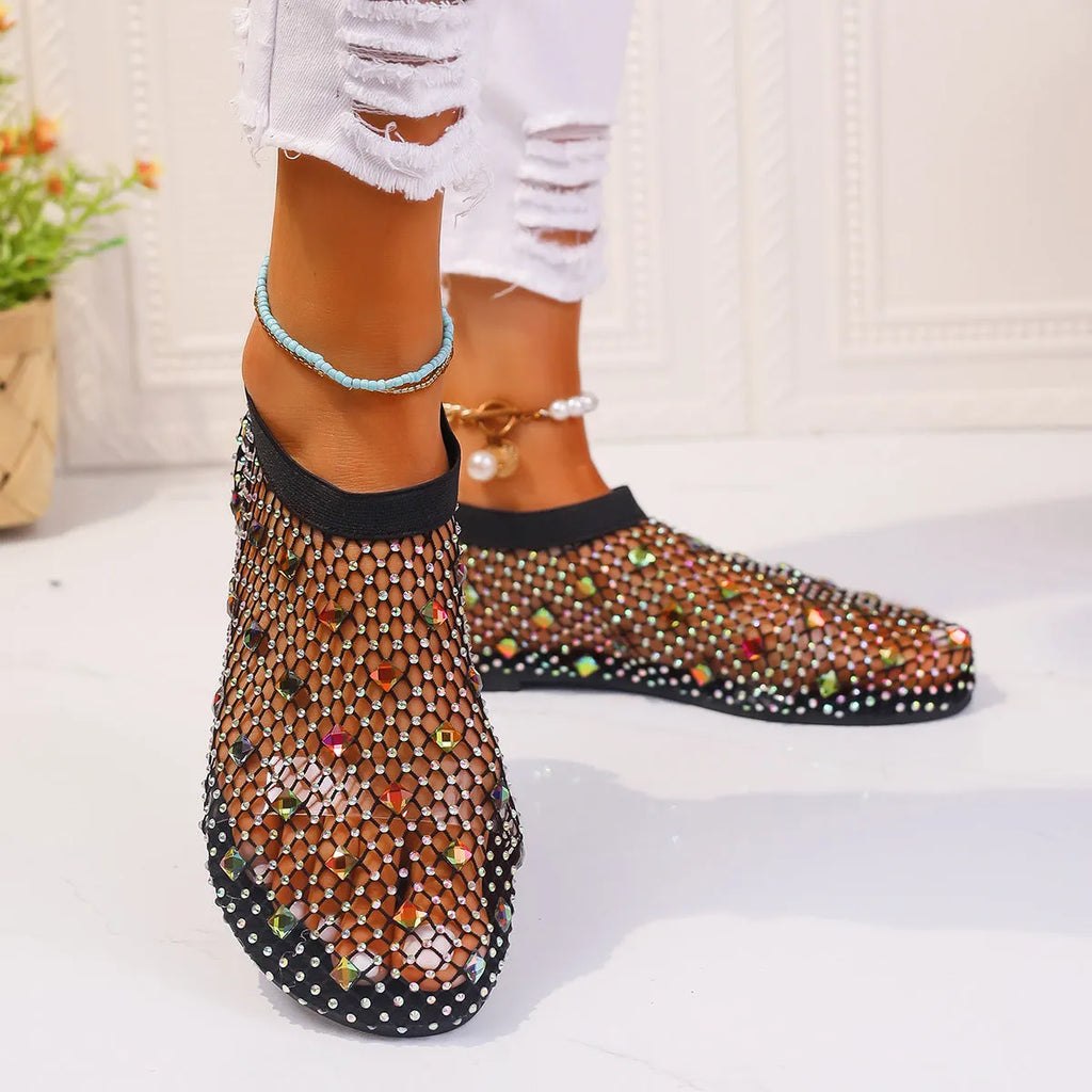 Women's mesh flat sandals with colourful rhinestone decoration and round toe