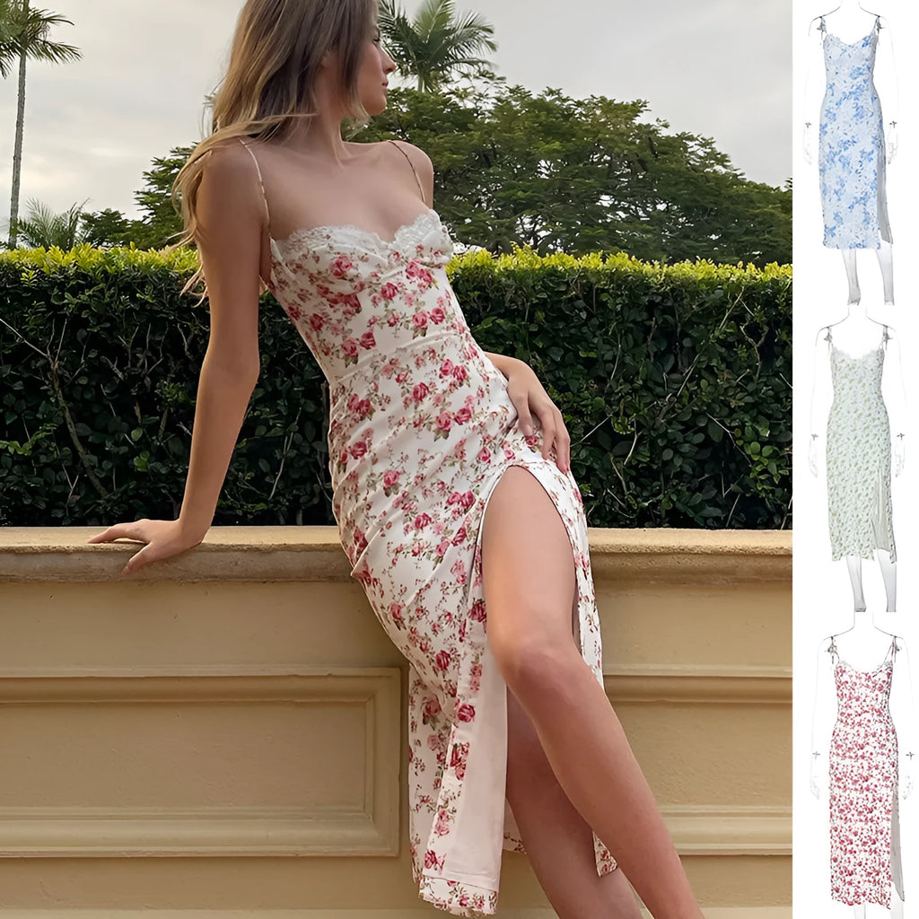 Blue lace flower print long dress with thin suspender straps and a front slit.