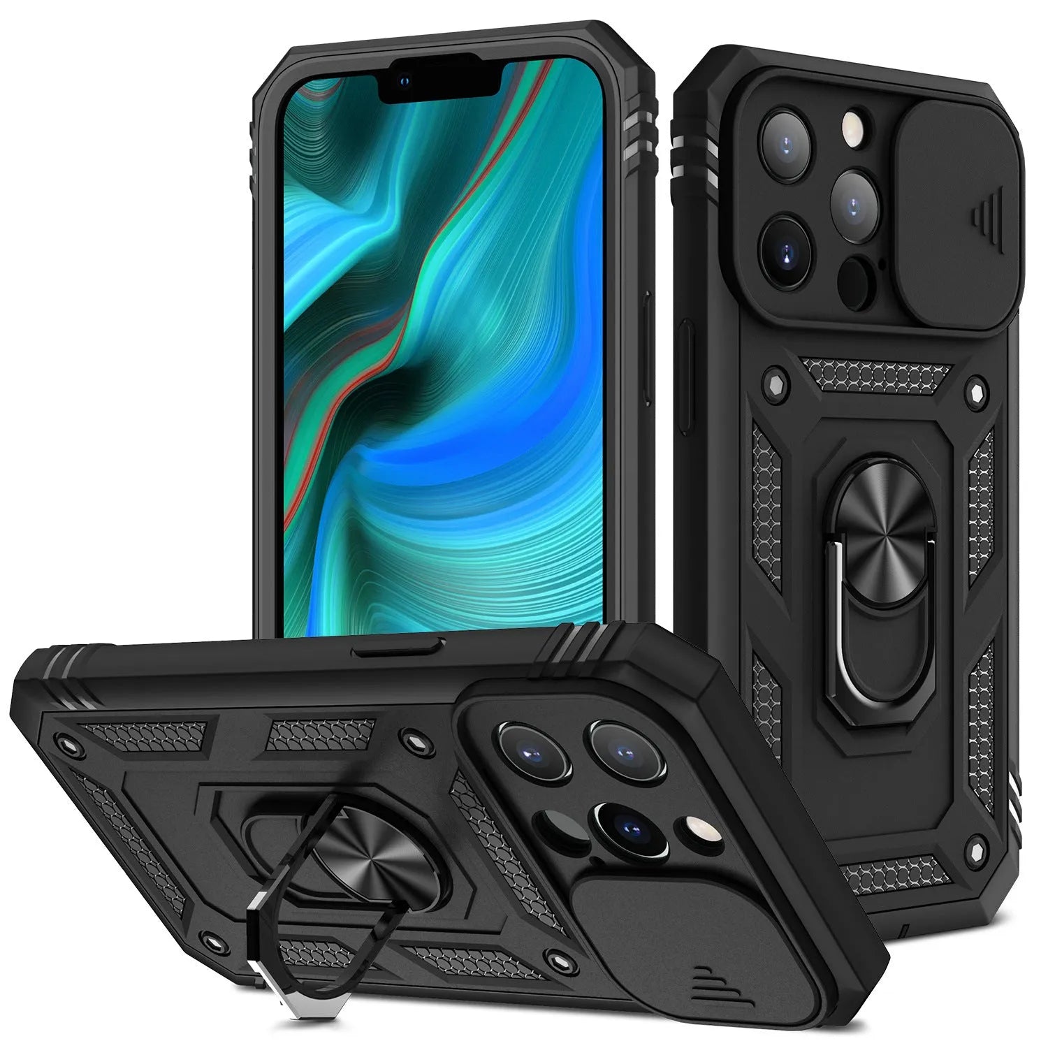 Magnetic iPhone case with sliding window bracket in dual-tone colours for iPhone 12 and 13 models