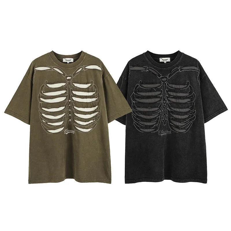 Men's black skull print cotton T-shirt with drop shoulder sleeves and loose fit streetwear style