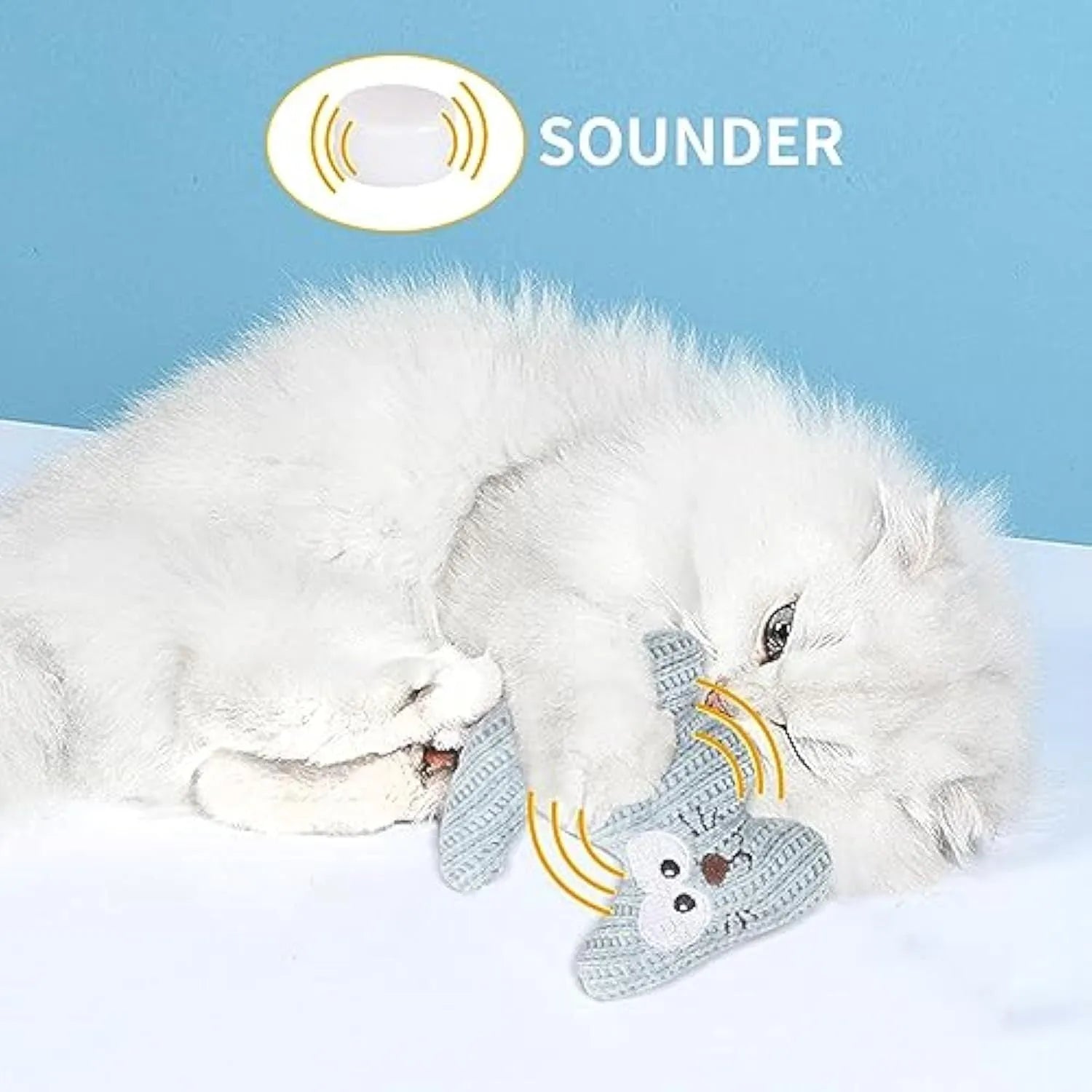 Cyan knitted plush catnip toy with bell measuring 12x11cm for cats and kittens