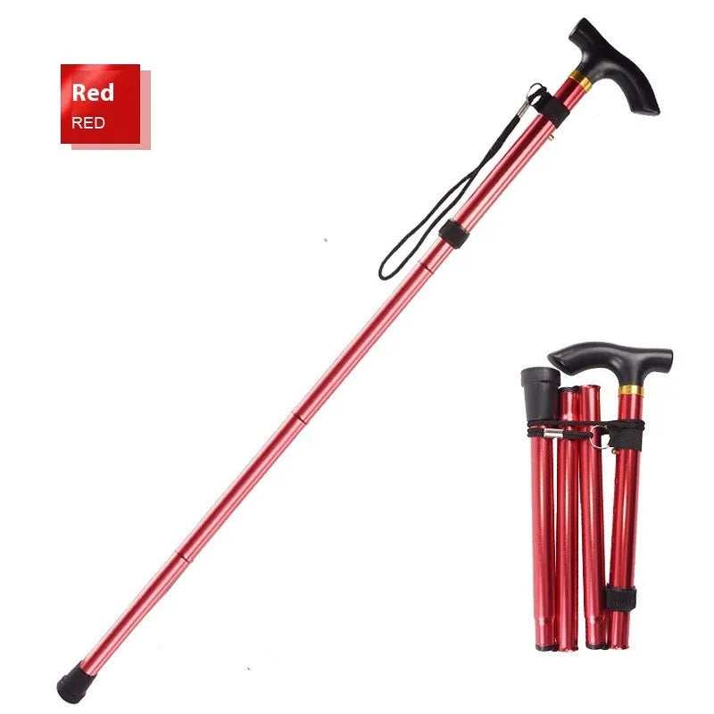 Aluminium folding walking stick adjusted to mid-length, showing non-slip rubber tip.
