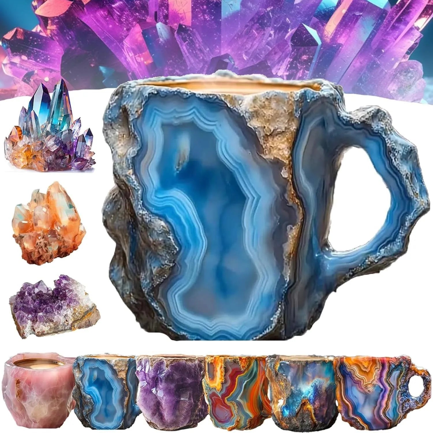 400ml resin coffee mug with mineral crystal design and handle in multiple colour options