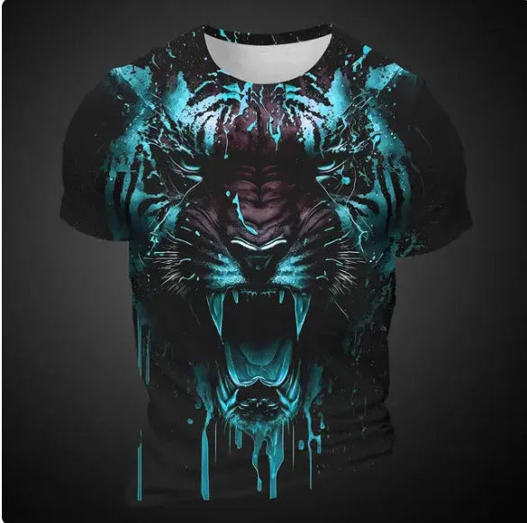 Men's grey T-shirt with detailed 3D tiger pattern on chest, short sleeves, pullover style