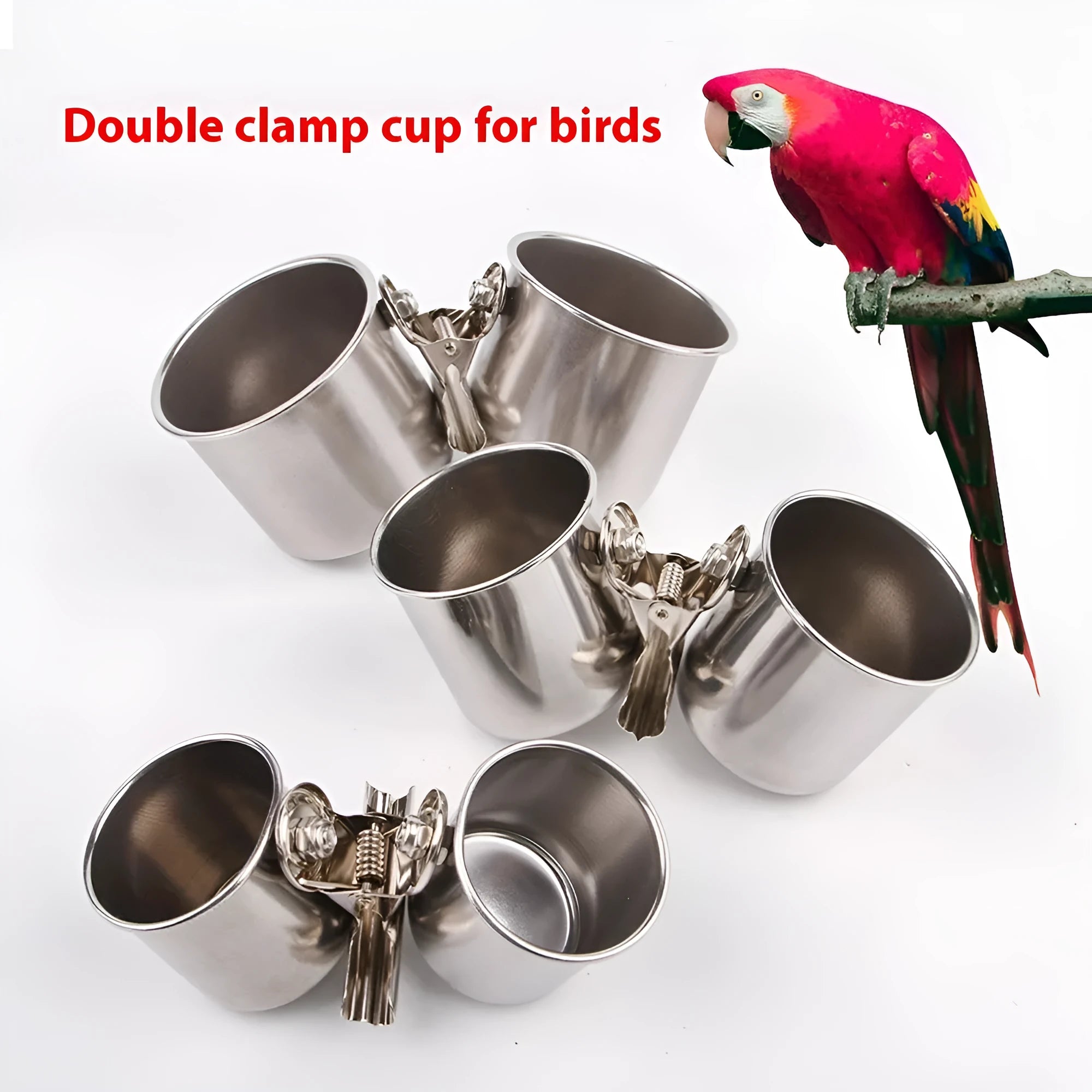 Stainless steel birdcage feeder in natural finish, shown in small, medium, and large size options.