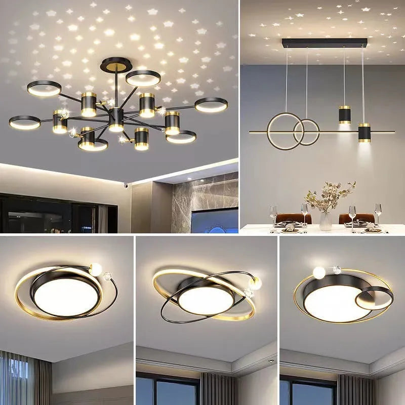 Black iron pendant chandelier with 13 star lamp heads and adjustable suspension