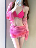 Blue women's four-piece bikini swimsuit set with high-waist briefs and a backless top.