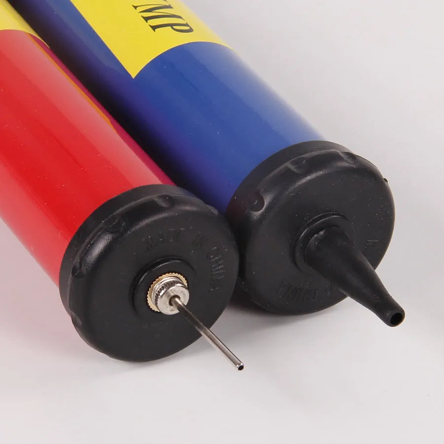 Manual high-pressure plastic pump for inflating sports balls and balloons in mixed colours.