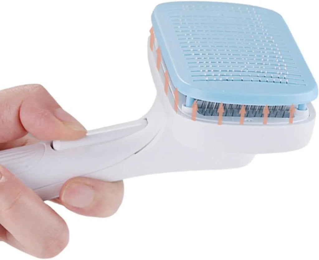 Automatic pet hair removal comb for dogs and cats in blue, grey, green, or pink colour options