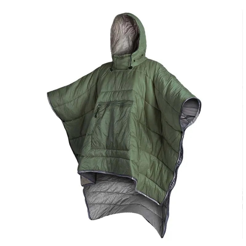 Outdoor cloak sleeping bag wearable as cape shawl with 200x140cm dimensions and hollow cotton filling