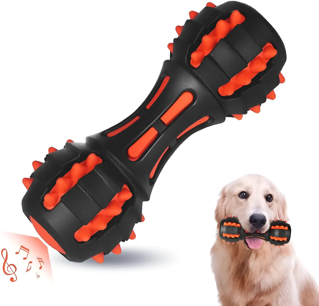 Red rubber dumbbell-shaped dog chew toy with squeaker for medium and large breed dogs