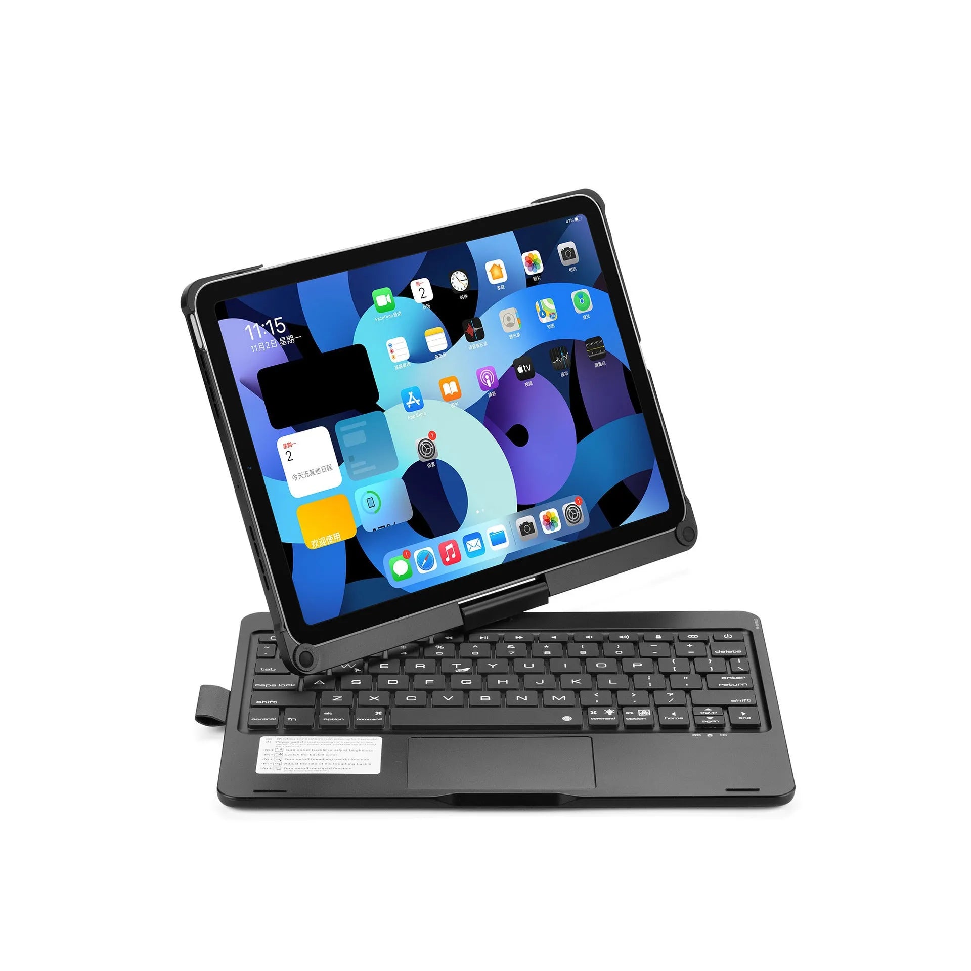 360-degree rotating Bluetooth keyboard with touch backlight for iPad Pro and Air models in black, rose gold, or silver