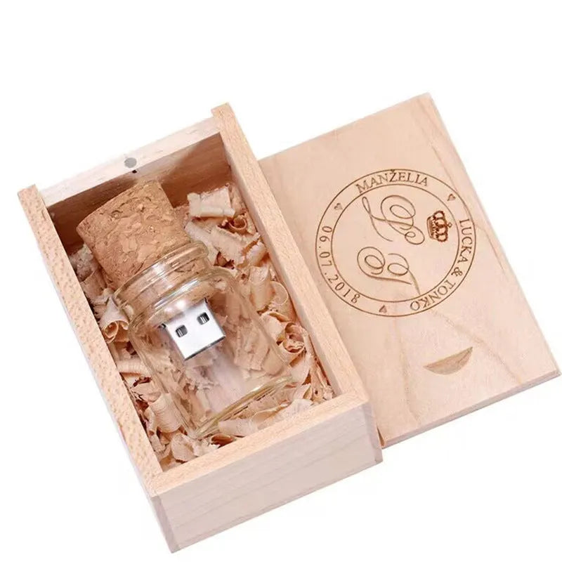 Transparent wooden wish drift bottle shaped USB flash drive on white background.