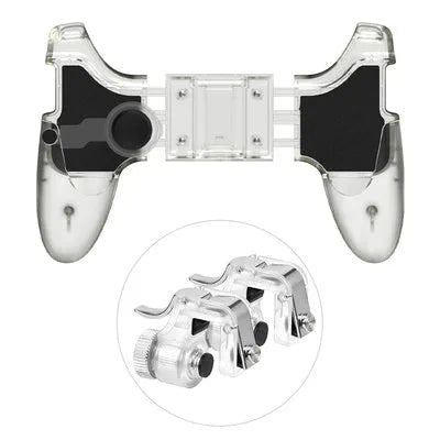 Black and brown black mobile phone plug-in gamepad with physical buttons for auxiliary gaming control.