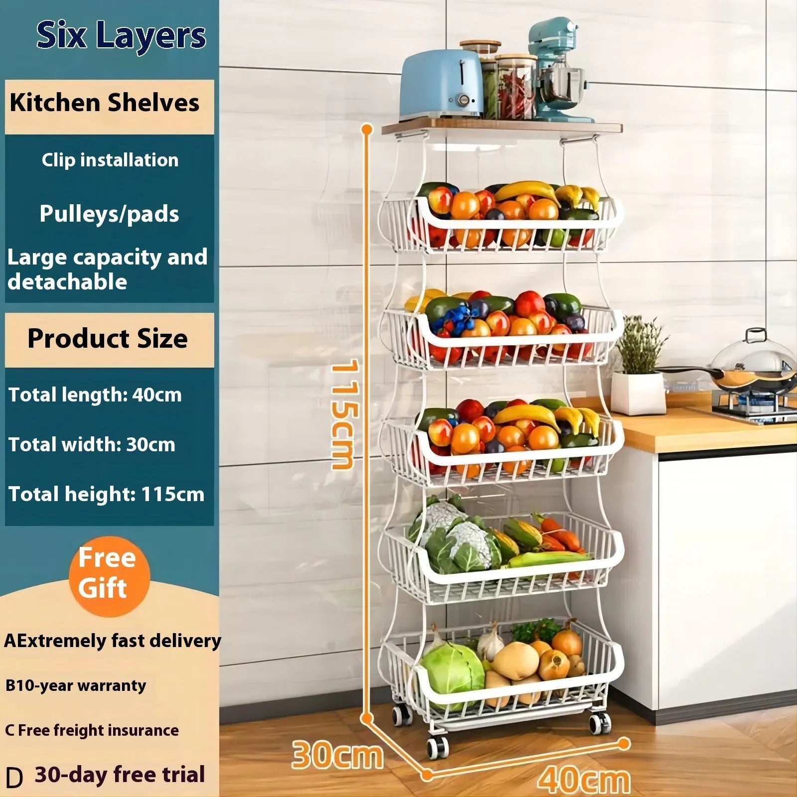 Black six tier floor standing kitchen storage trolley with open shelves