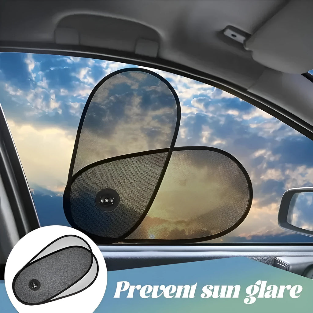 Black adjustable car side window sunshade with suction cups stretched over glass