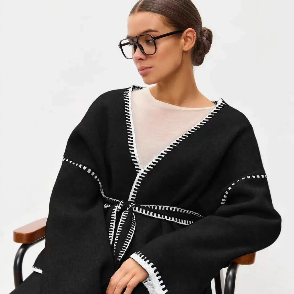 Women's lace-up knitted cotton cardigan in mid-length loose fit