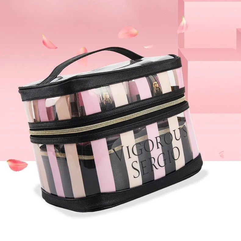 Pink striped floral pattern synthetic leather folding buggy bag makeup kit