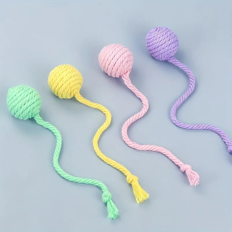 Colourful cat toy ball with an attached rope and an internal bell, shown in green, pink, purple and yellow.