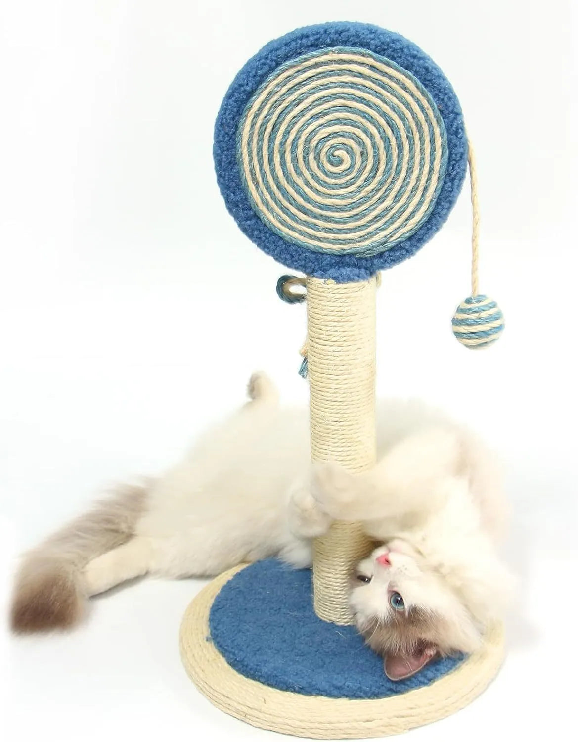 Blue cat scratching post with natural sisal rope and a hanging ball on a sturdy wooden base.